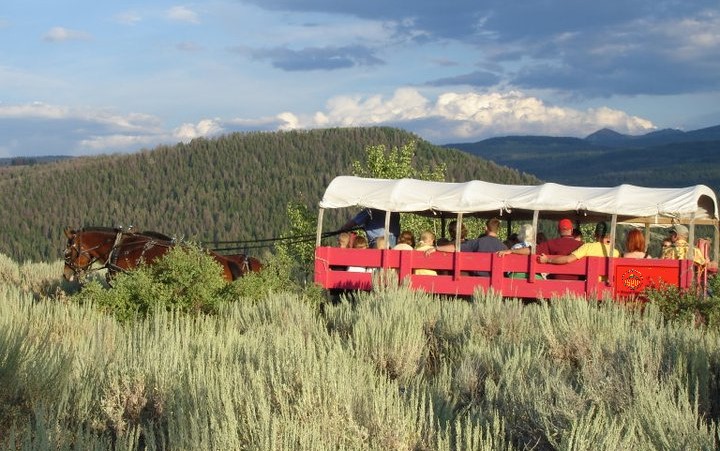 Covered wagon full of people in the mountains on the way to a cook out in jackson hole